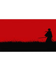 Anime desk pad 40x20 inches with lone swordsman silhouette in black grass under a bold crimson sky.