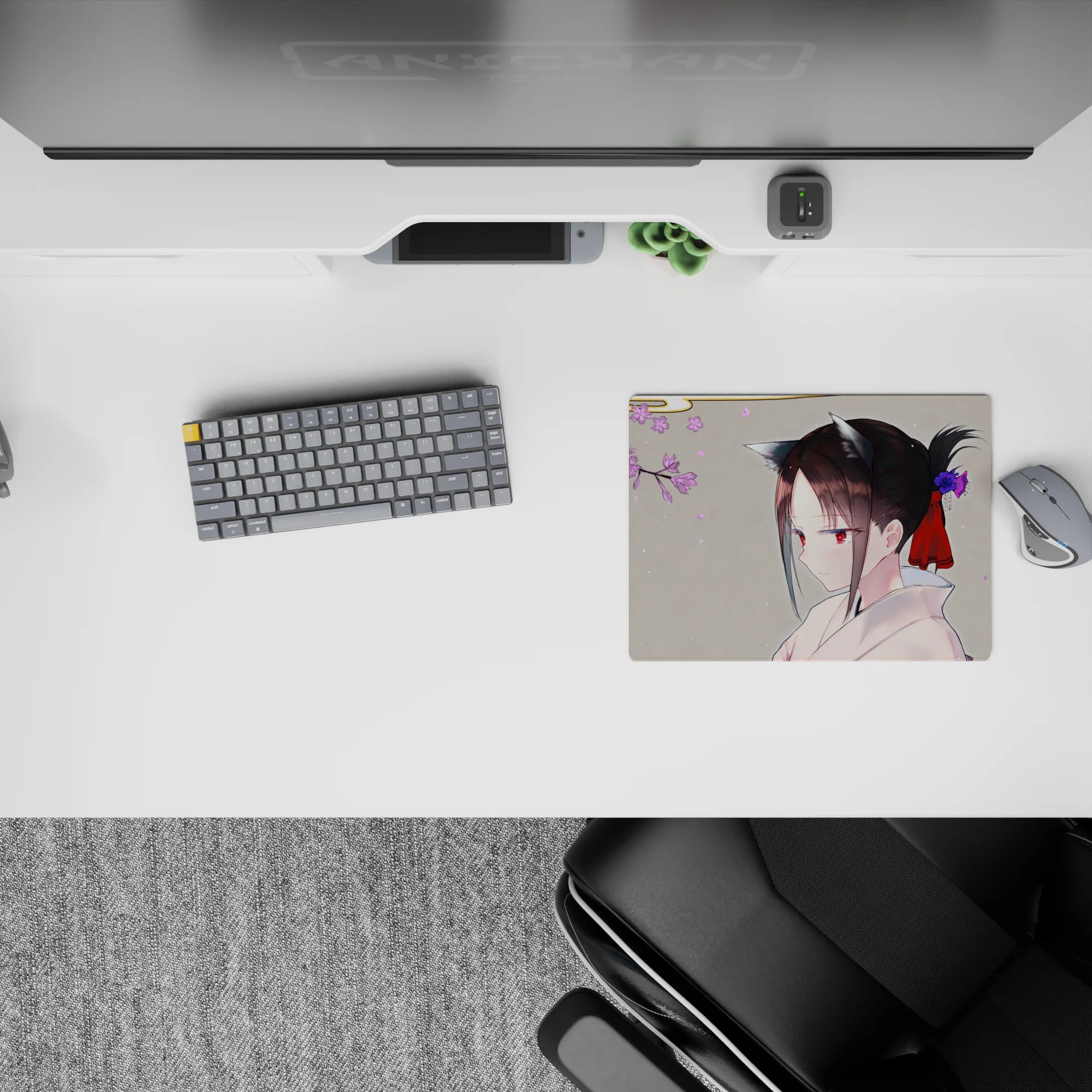 14x10 inches classic anime girl mouse pad in warm gray and lilac petals, calm cozy spring mood.