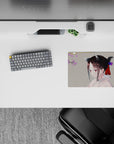14x10 inches classic anime girl mouse pad in warm gray and lilac petals, calm cozy spring mood.