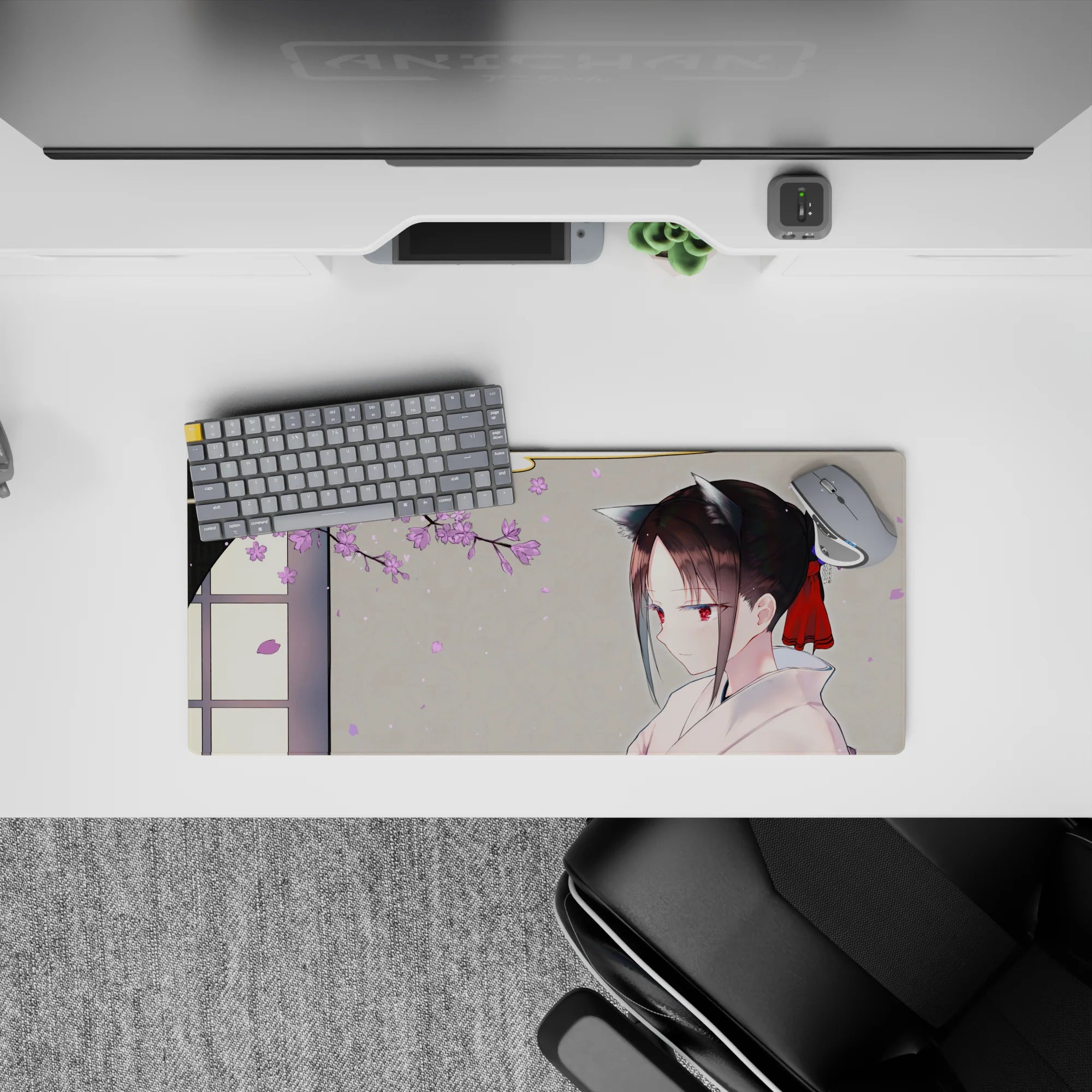 Soft spring anime mouse pad 28x12 inches in warm gray, lilac petals, calm cozy vibe with red ribbon accents.