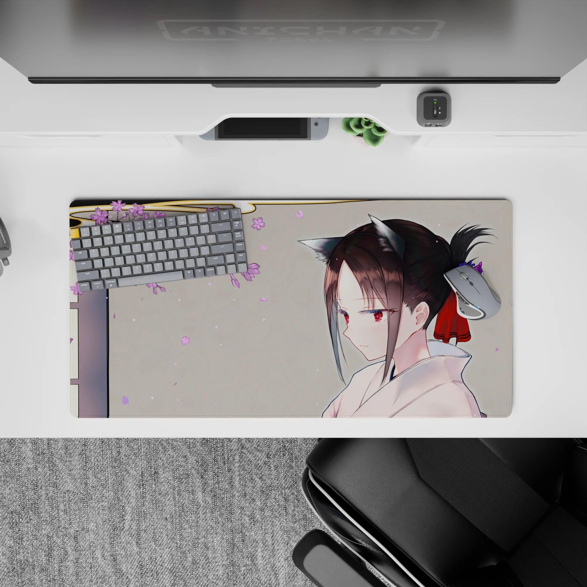 32x16 inches pastel desk mat in warm gray and lilac petals, calm spring vibe with soft anime art.