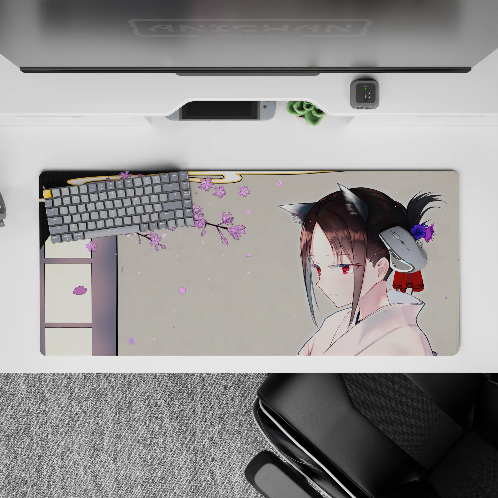 Cozy spring vibe desk pad 36x16 inches in warm gray, lilac petals, white kimono, calm anime art.