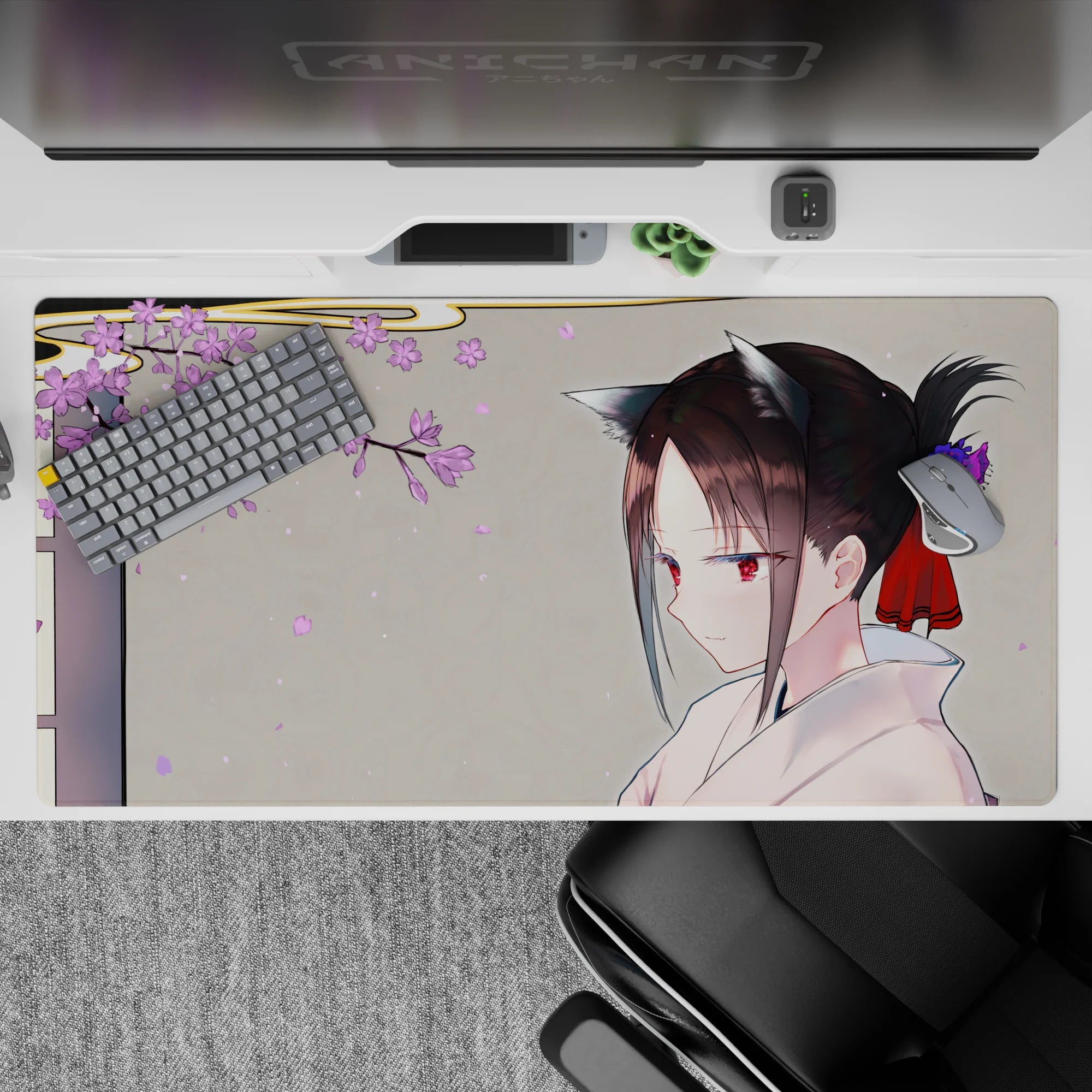 Cozy 40x20 inches anime desk pad in warm gray with lilac petals, soft spring vibes and calm gaze.