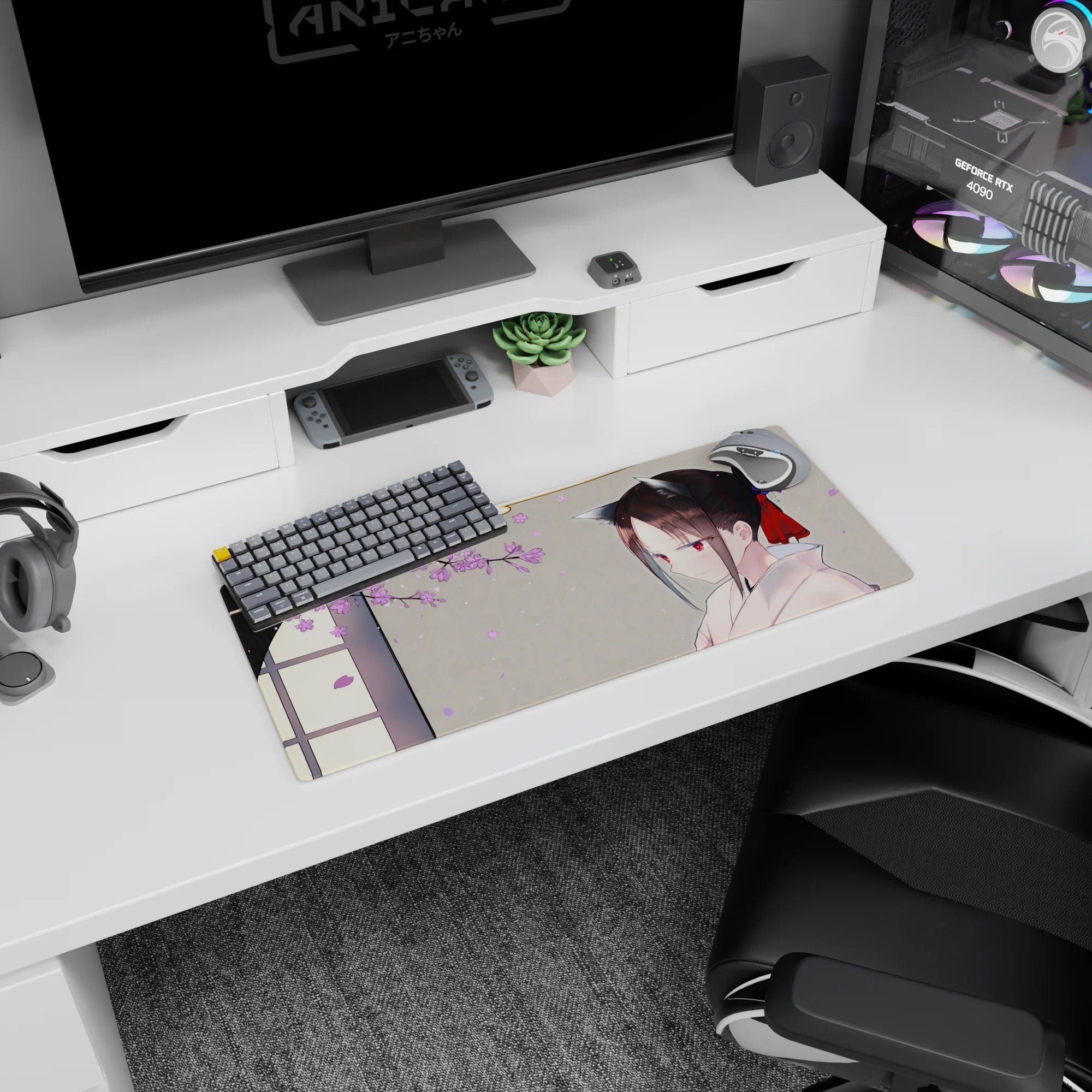 Anime girl in white kimono with bun, red ribbon, purple flower and cat ears on 28x12 inches mouse pad.