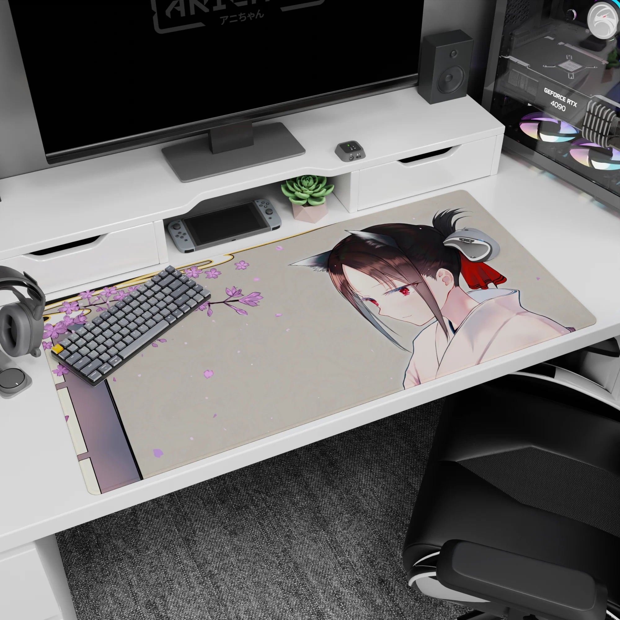 40x20 inches anime girl mouse pad showing kimono-clad girl with bun, red ribbon, and purple flower charm.