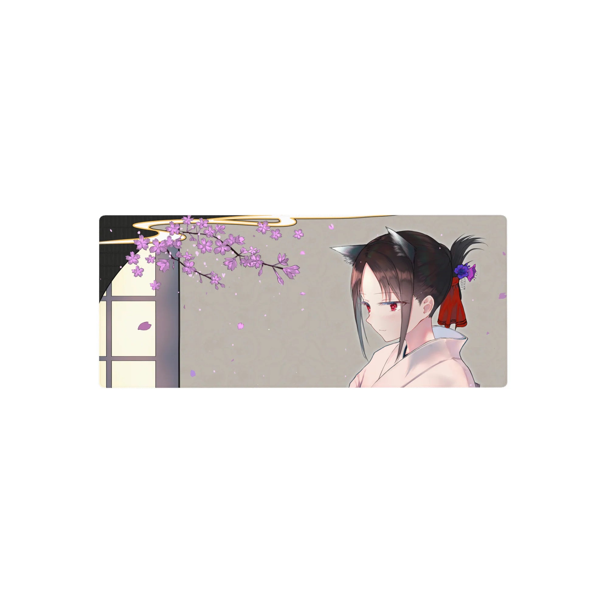 Anime girl mouse pad 28x12 inches with cherry blossoms, kimono profile, cat ears, and warm gray background.