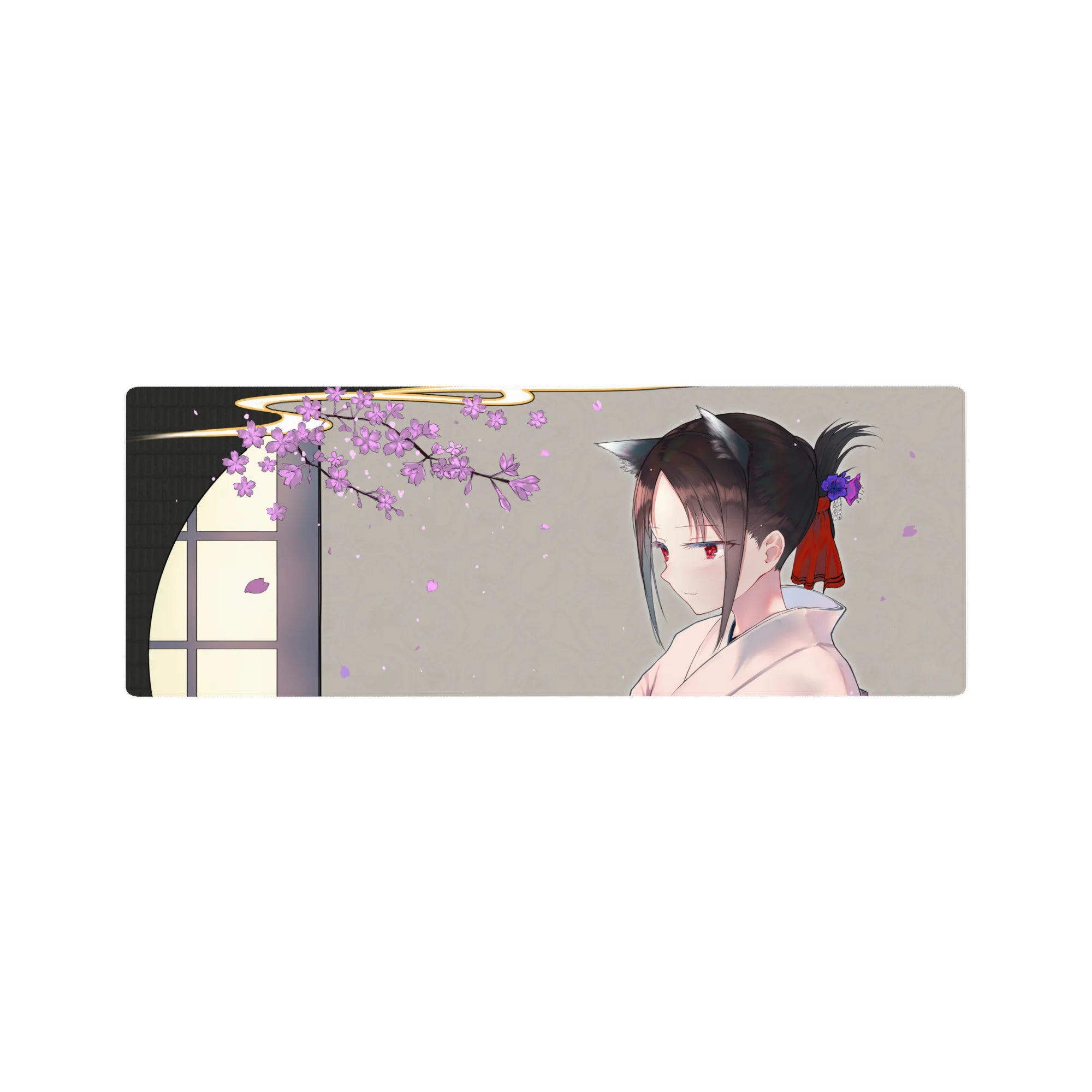 32x12 inches anime girl mouse pad with cherry blossoms, kimono, cat ears, and warm gray background.