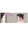 32x12 inches anime girl mouse pad with cherry blossoms, kimono, cat ears, and warm gray background.