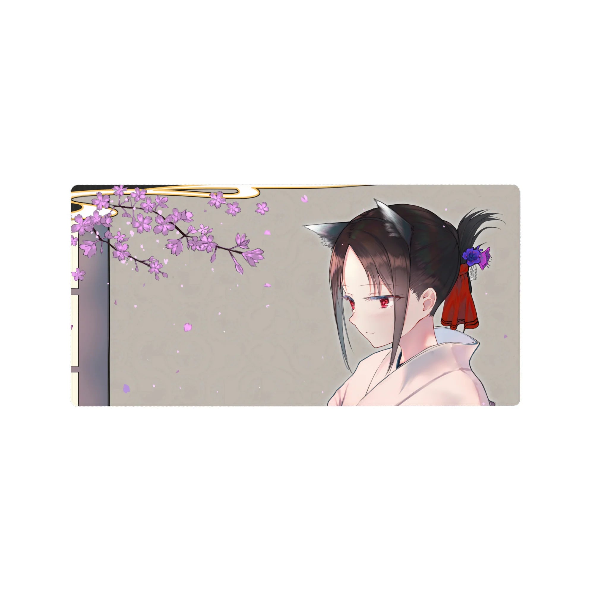 32x16 inches anime girl mouse pad with cherry blossoms, kimono, cat ears, and warm gray background.