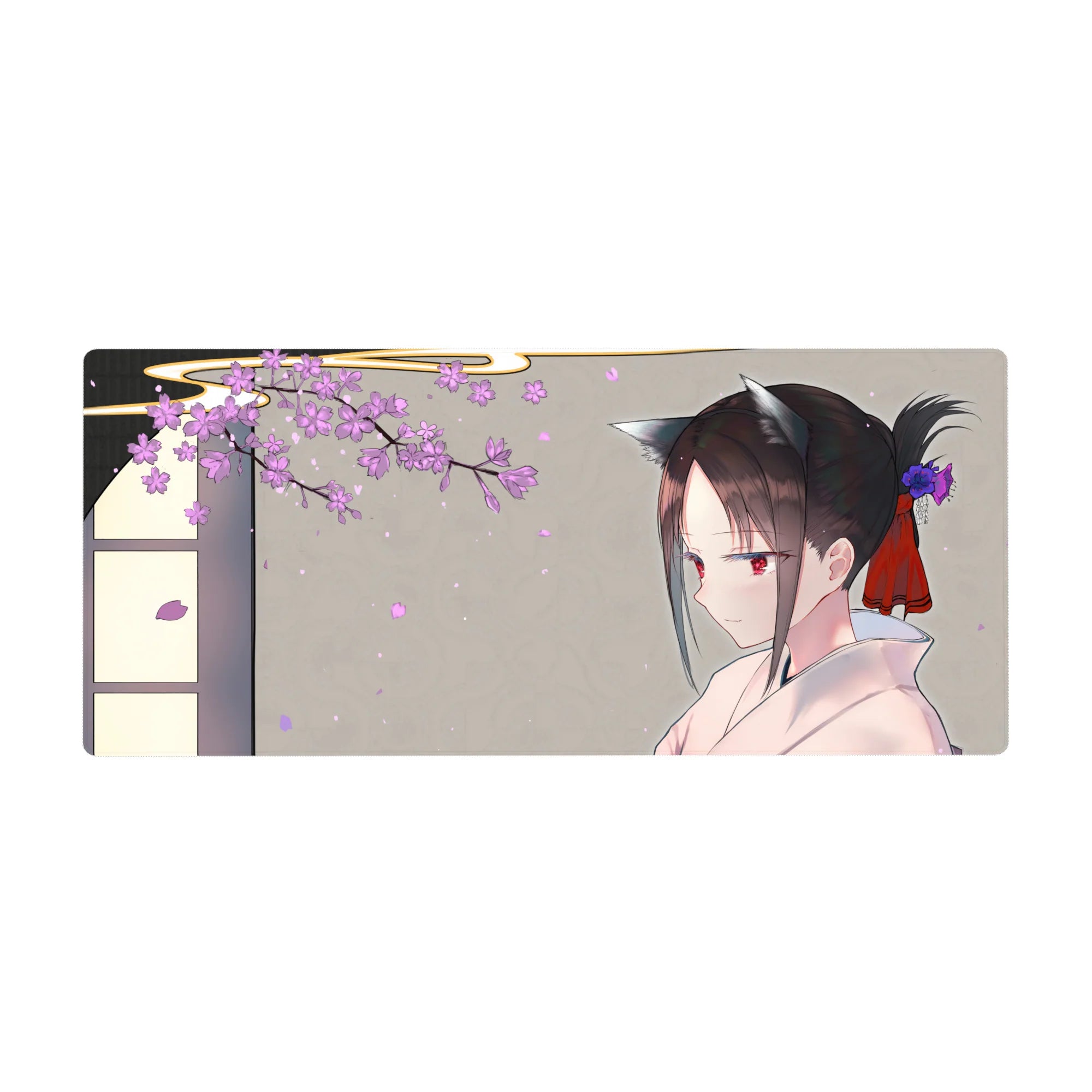 Anime girl desk pad 36x16 inches with cherry blossoms, warm gray background, kimono, and cat ears.