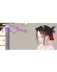 Anime girl desk pad 36x16 inches with cherry blossoms, warm gray background, kimono, and cat ears.