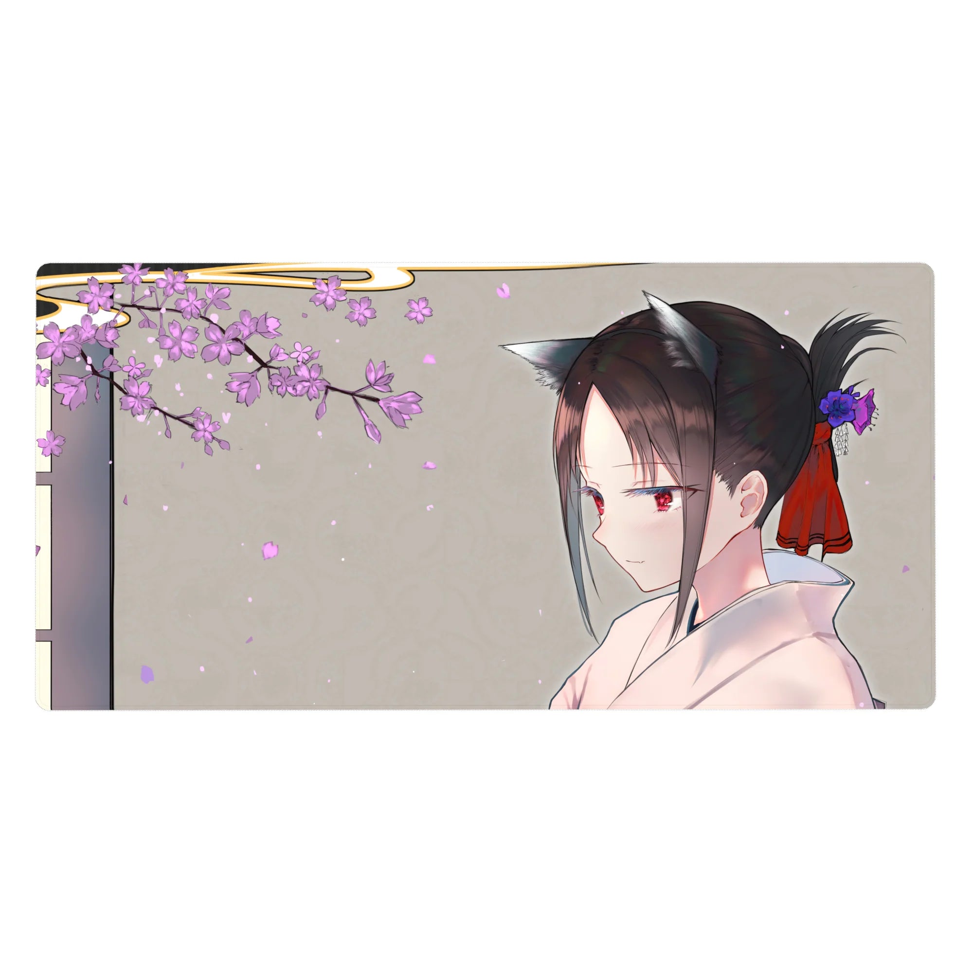 Anime girl desk pad 40x20 inches with cherry blossoms, kimono profile, and playful cat ears.