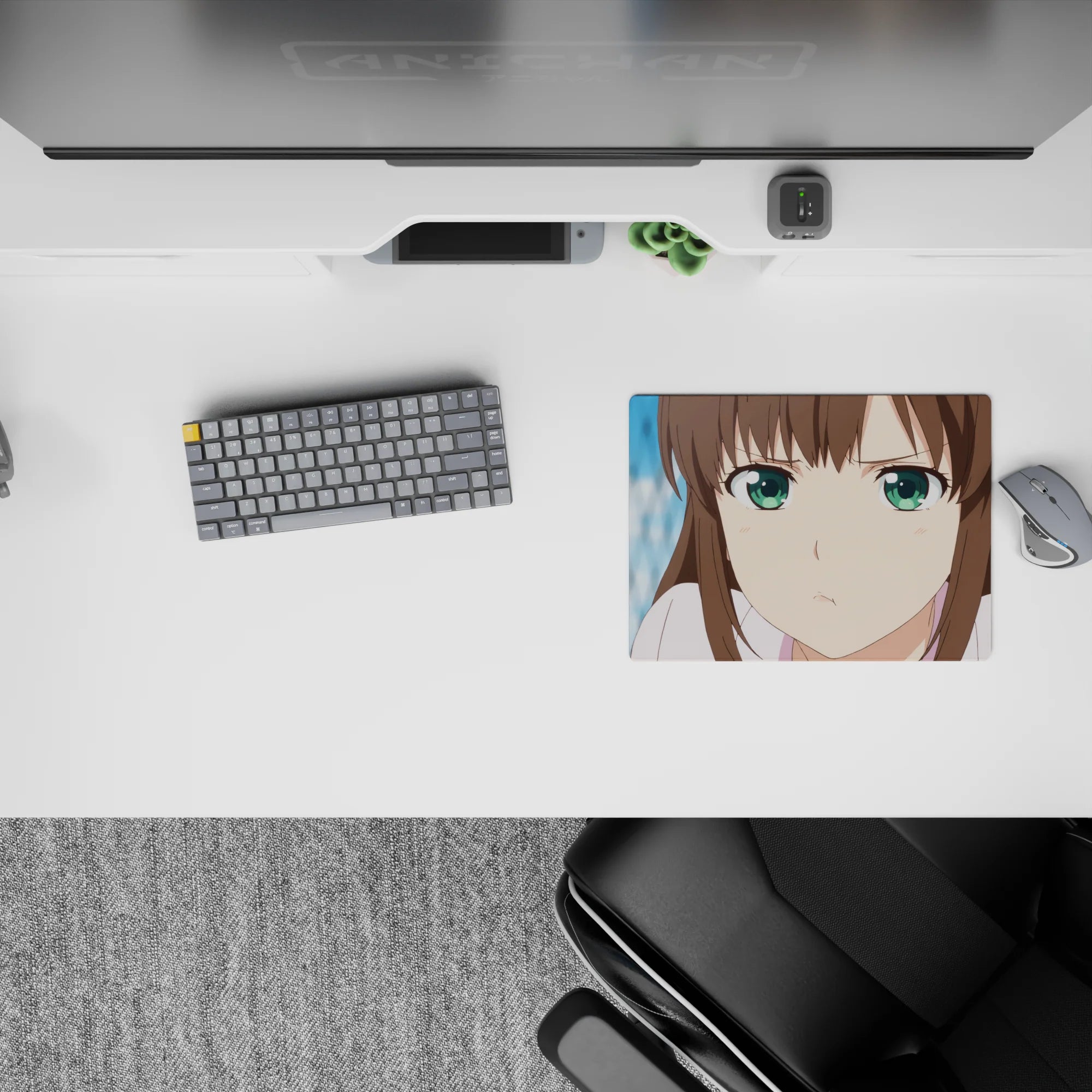 Pastel brown hair and bright green eyes on a cool blue background, cozy anime mouse pad 14x10 inches.
