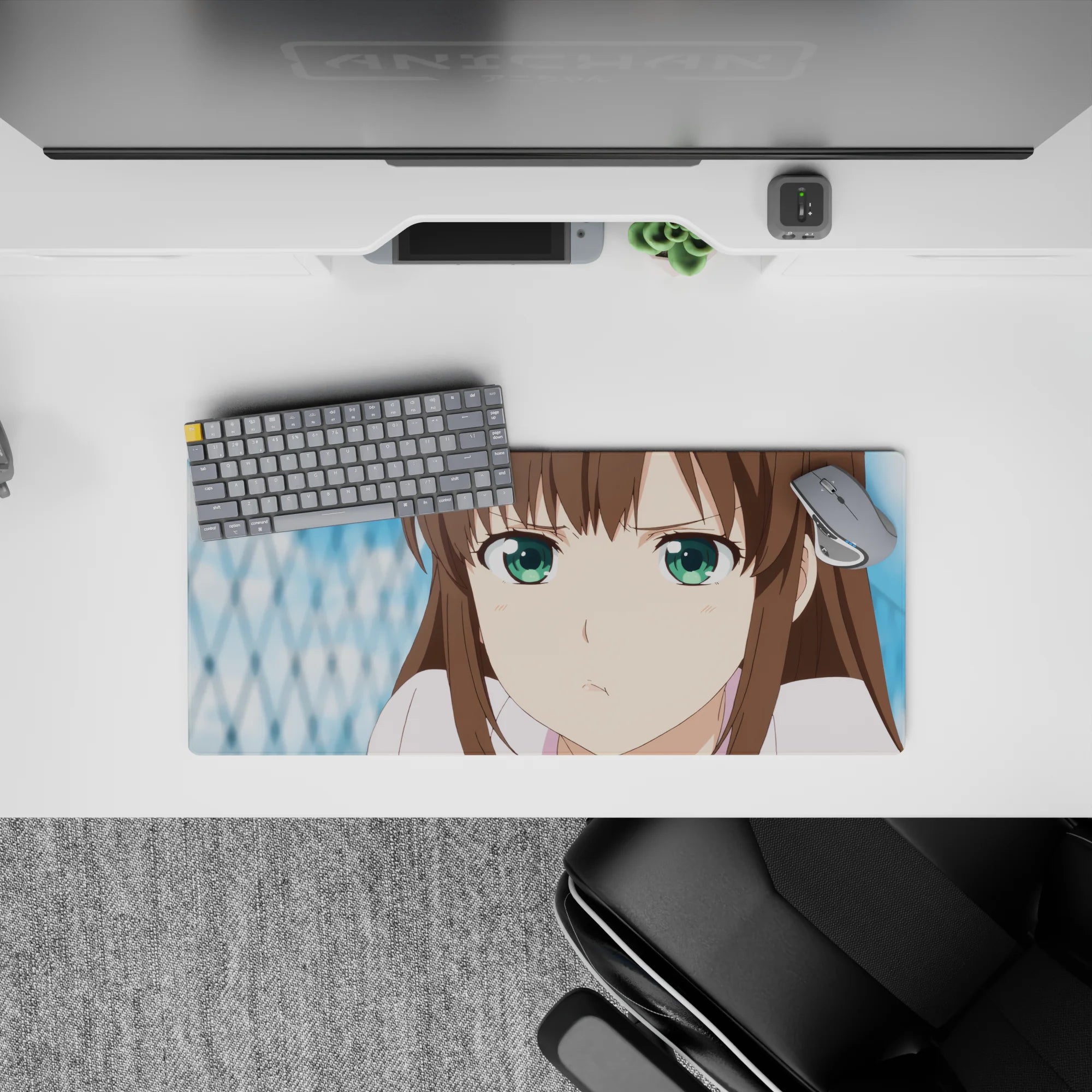 28x12 inches anime girl mouse pad in soft browns, bright green eyes, and calm pastel vibes.