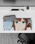 28x12 inches anime girl mouse pad in soft browns, bright green eyes, and calm pastel vibes.