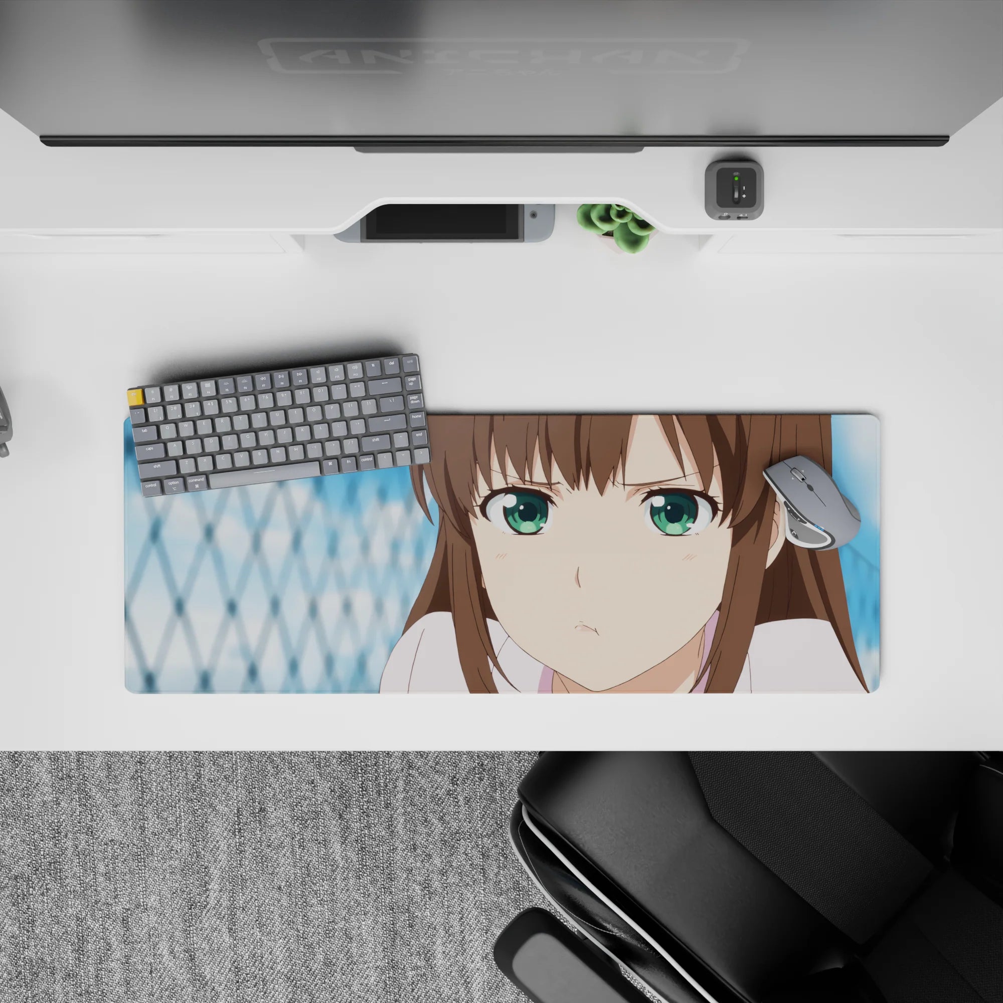 32x12 inches pastel anime desk mat in soft browns and bright green eyes, cozy curious vibe.
