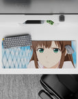 32x12 inches pastel anime desk mat in soft browns and bright green eyes, cozy curious vibe.