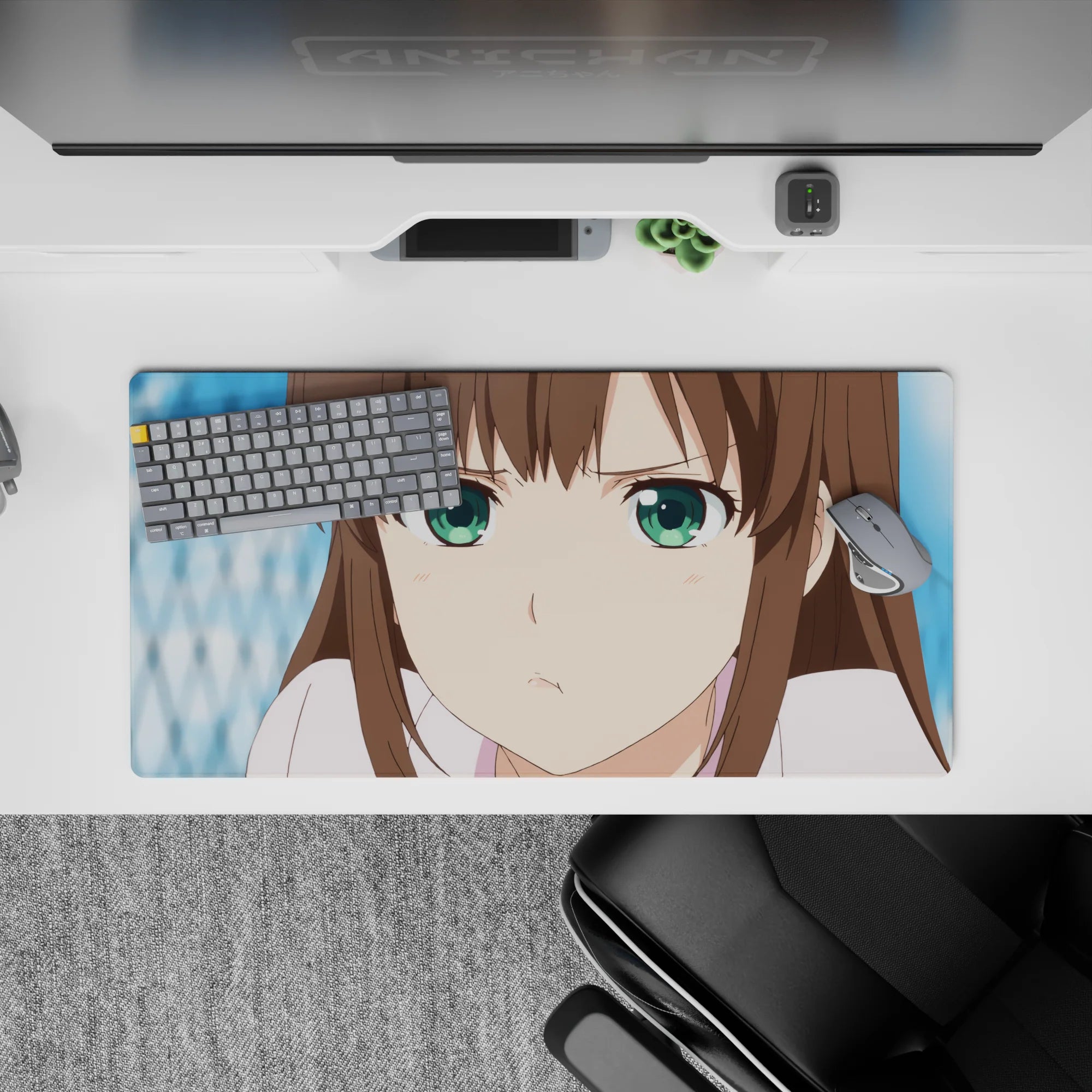 32x16 inches pastel anime desk mat in soft brown and bright green tones, cozy curious vibe.
