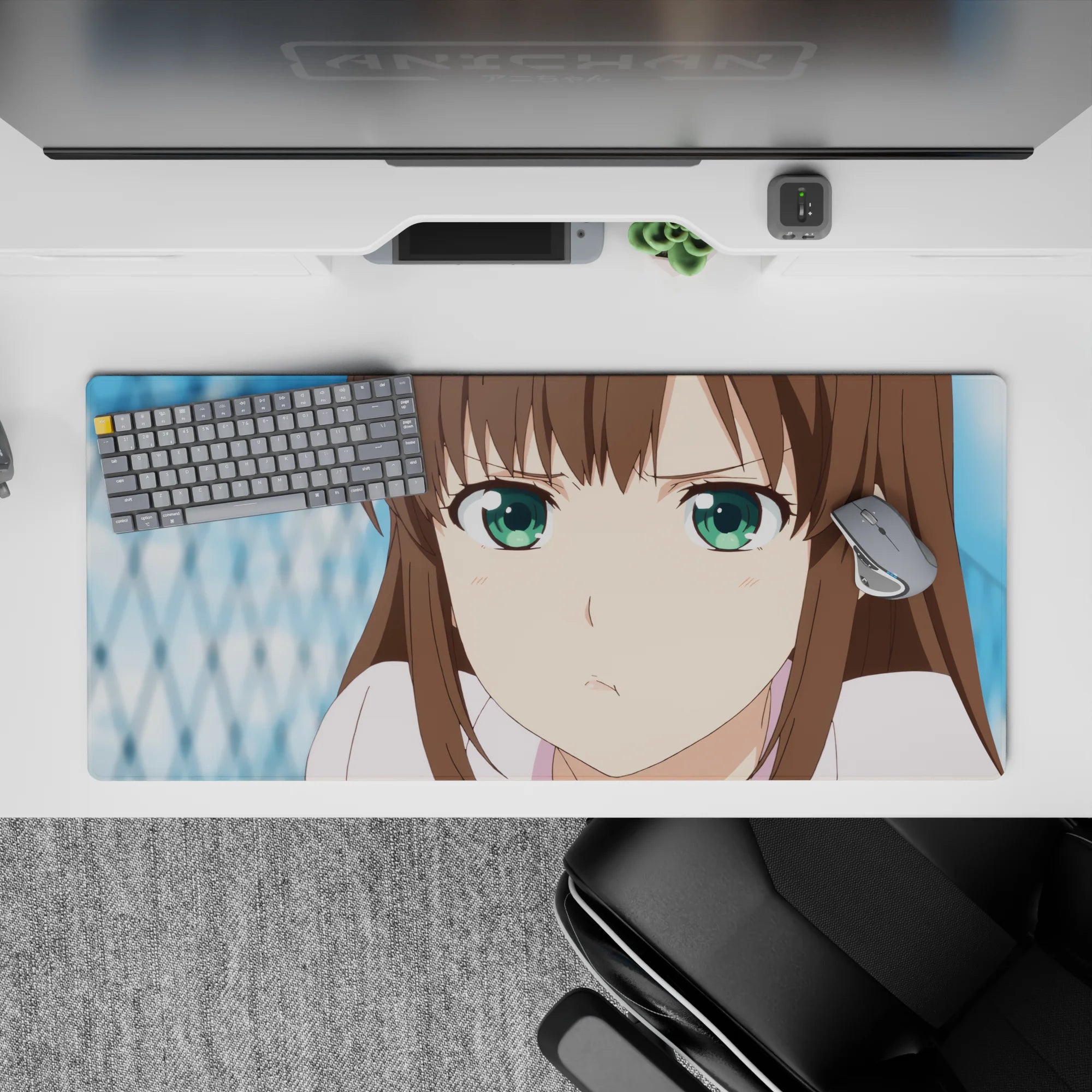 Cozy pastel anime desk pad 36x16 inches in soft browns and bright green eyes, calm and fresh.