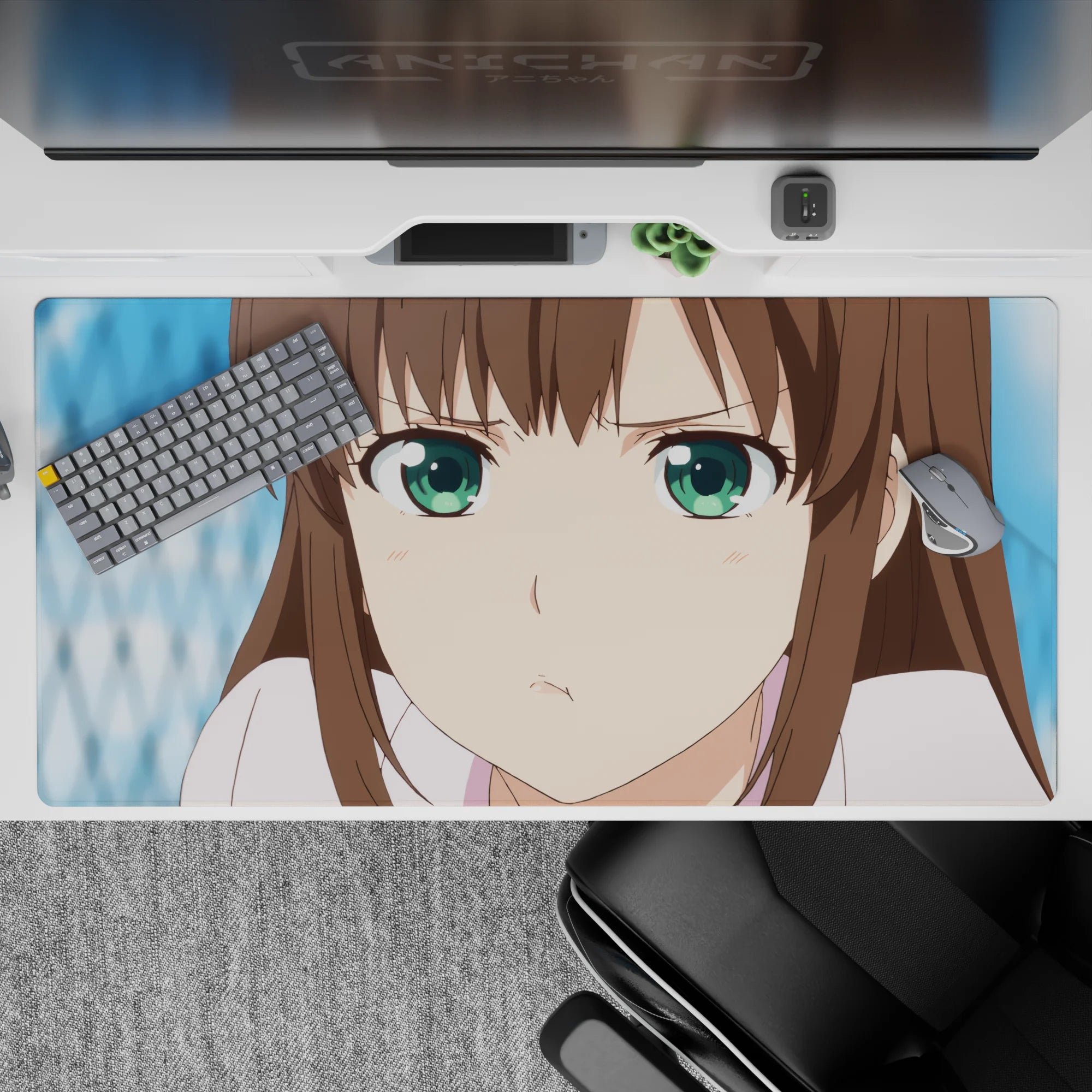 Soft brown hair, bright green eyes, cool blue background anime desk pad 40x20 inches.