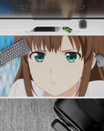 Soft brown hair, bright green eyes, cool blue background anime desk pad 40x20 inches.