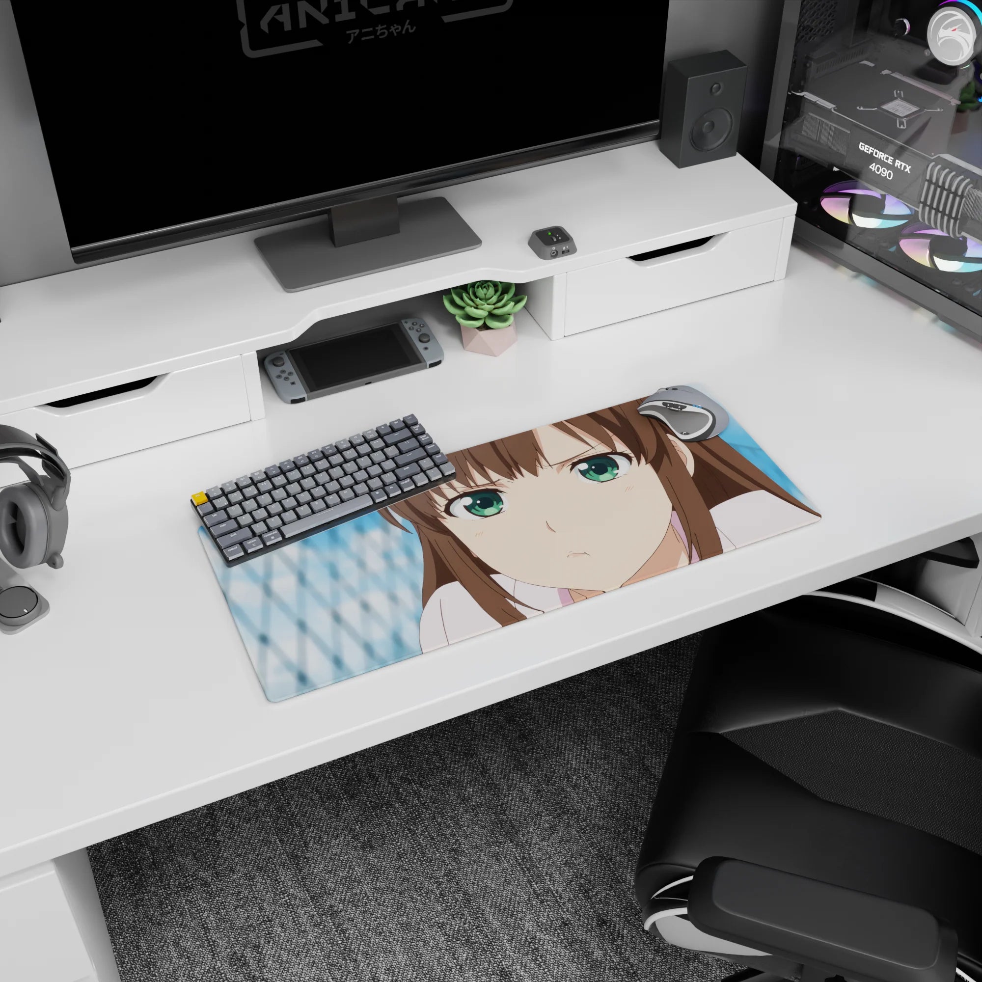 28x12 inches Hyouka Eru Chitanda mouse pad, pouty close-up stare with curious expression.