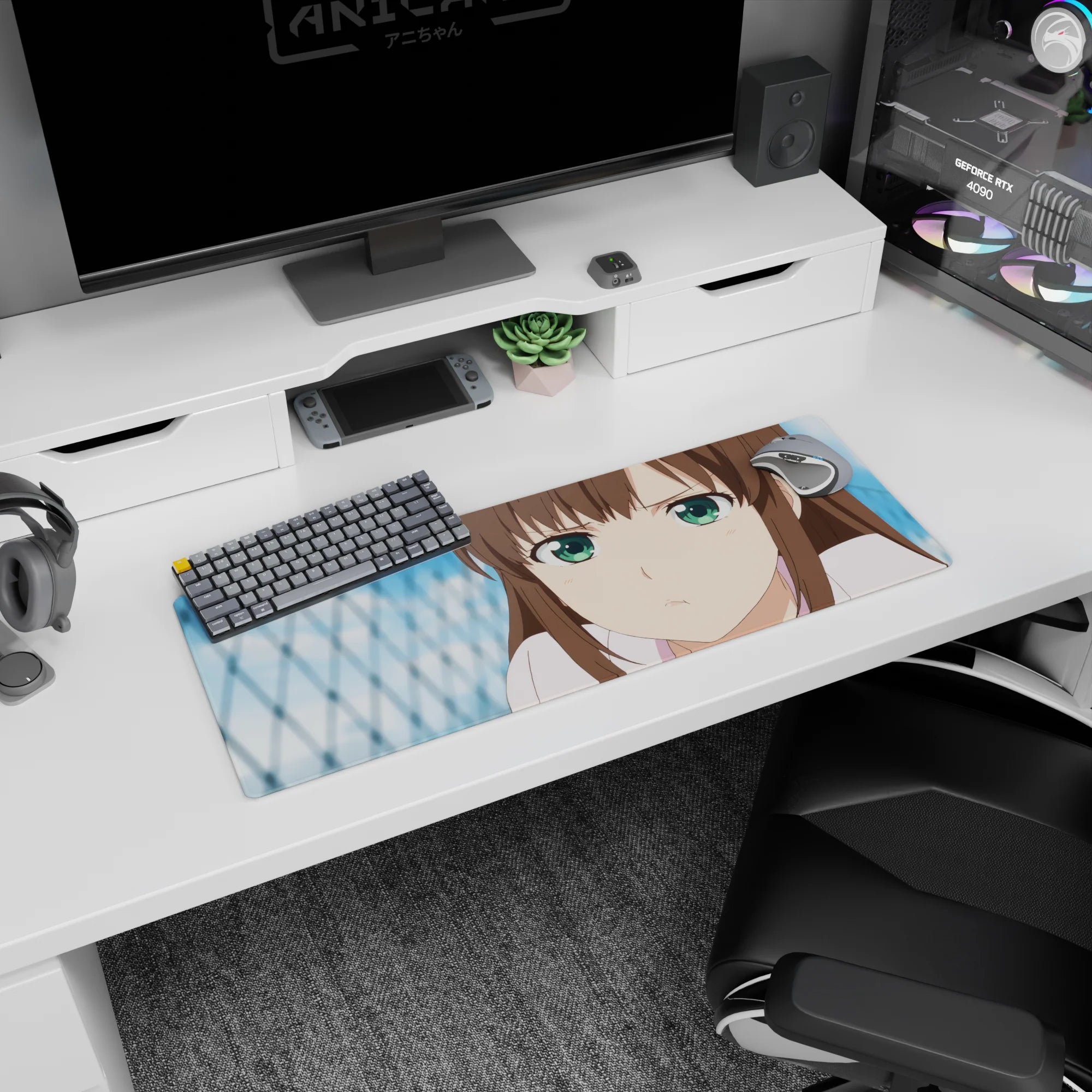 32x12 inches Hyouka Eru Chitanda mouse pad, pouty close-up stare with cool blue backdrop.