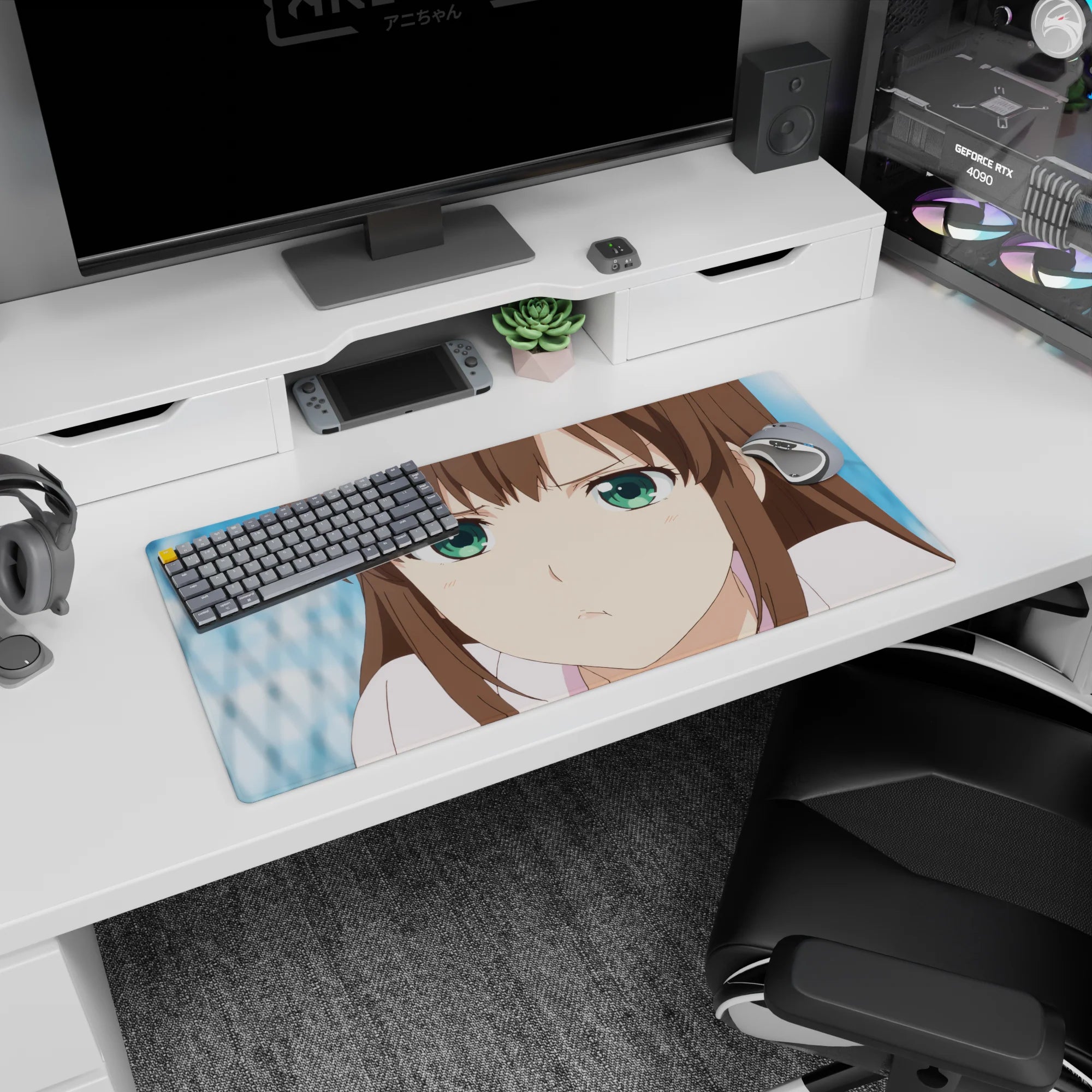32x16 inches Hyouka Eru Chitanda mouse pad, pouty close-up with vivid green eyes on cool blue.