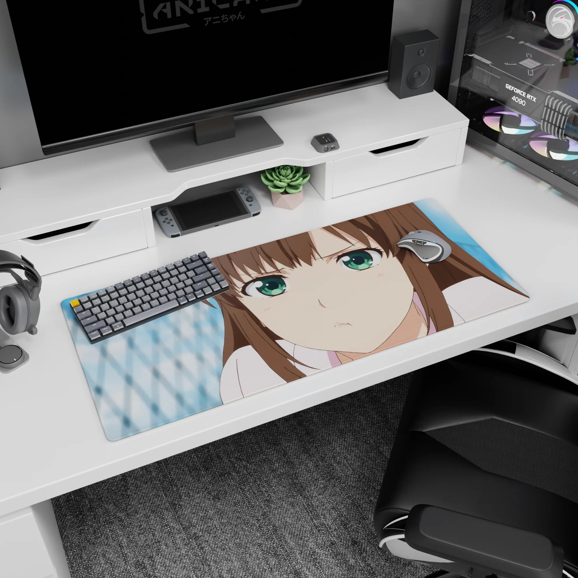Eru Chitanda Hyouka anime desk pad 36x16 inches, curious close-up gaze with blue backdrop.
