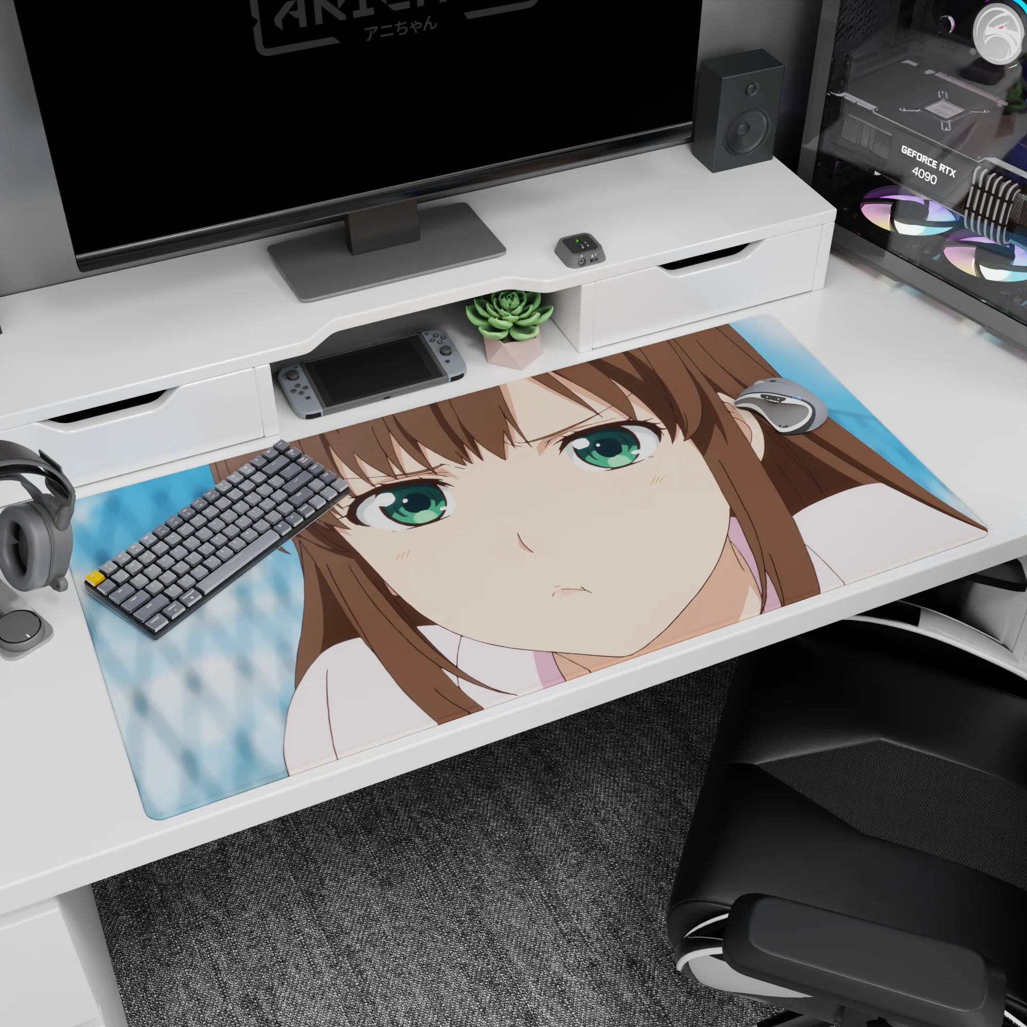 Eru Chitanda pouty close-up from Hyouka on an anime desk pad 40x20 inches.