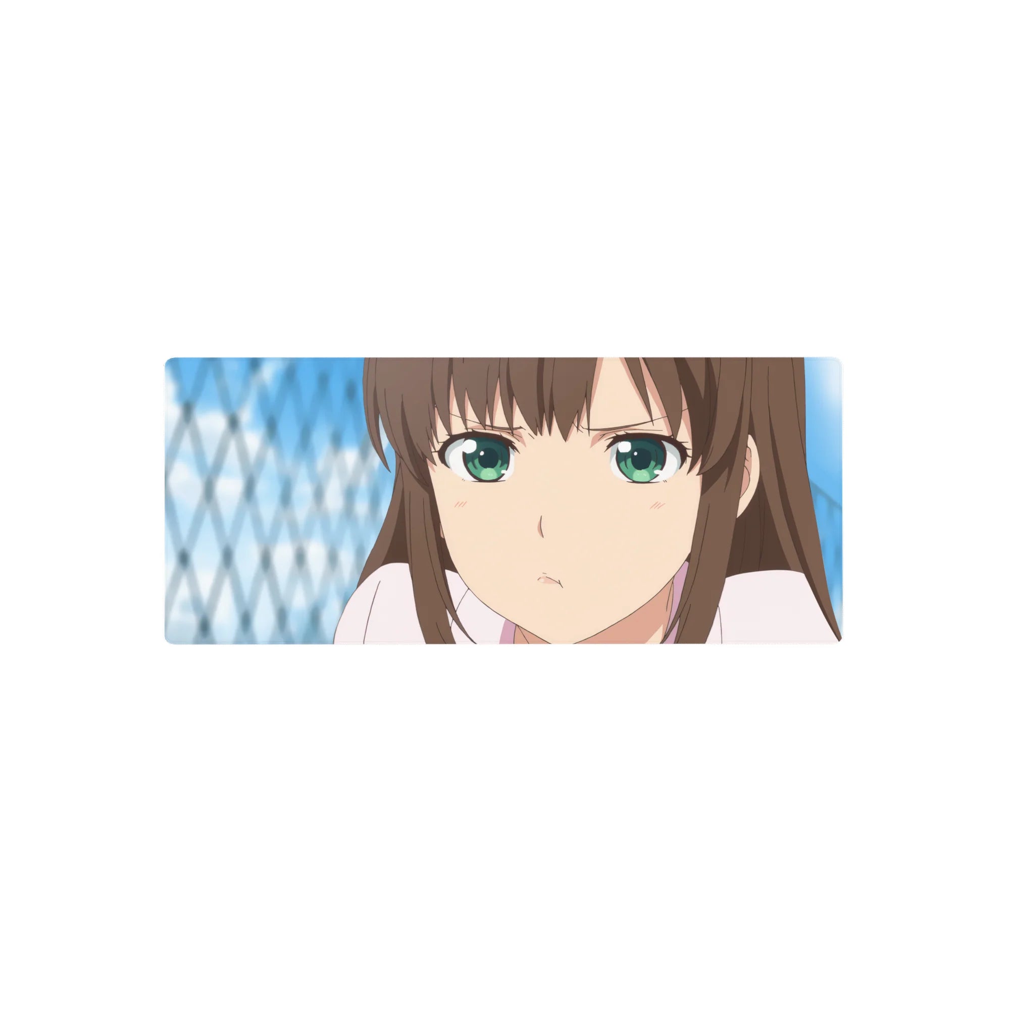 28x12 inches anime girl mouse pad with close-up portrait, crisp lines, and cool blue background.