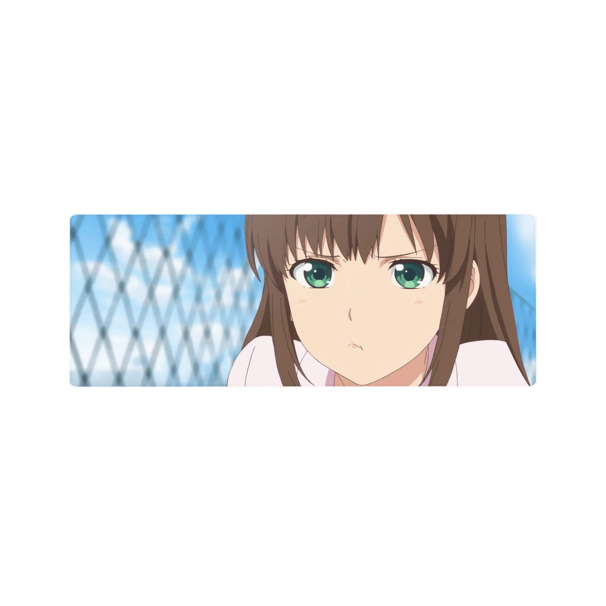 32x12 inches anime girl mouse pad with close-up portrait, crisp print lines, blue background.