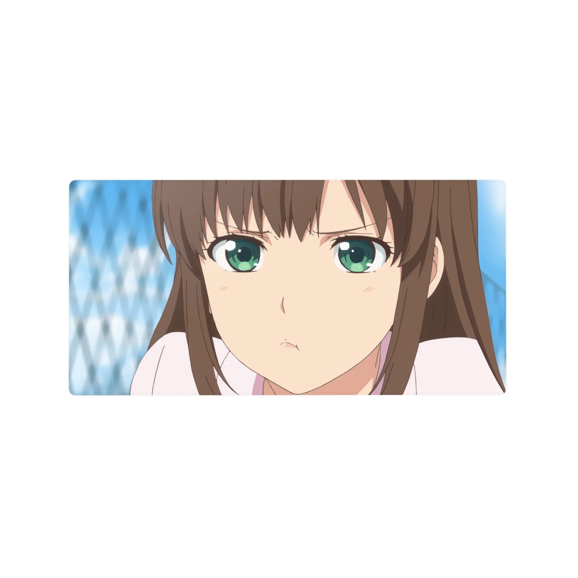 32x16 inches anime girl mouse pad with close-up portrait, crisp print lines, and blue background.