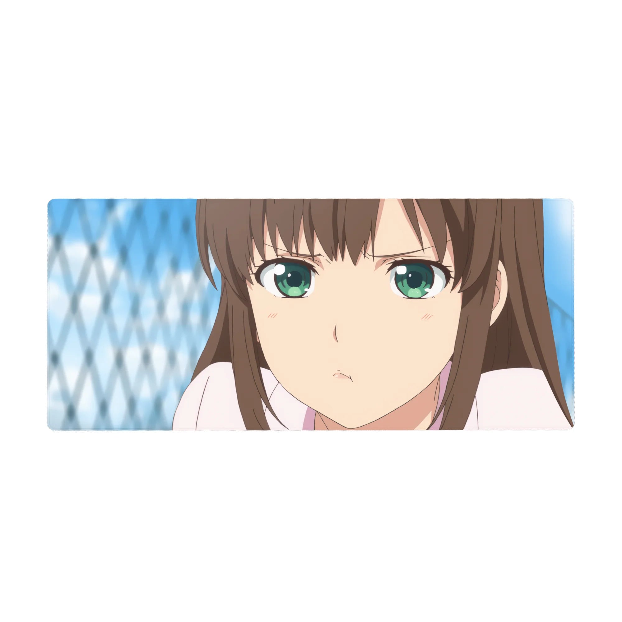 Anime girl desk pad 36x16 inches with close-up portrait, crisp lines, and cool blue background.