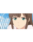 Anime girl desk pad 36x16 inches with close-up portrait, crisp lines, and cool blue background.