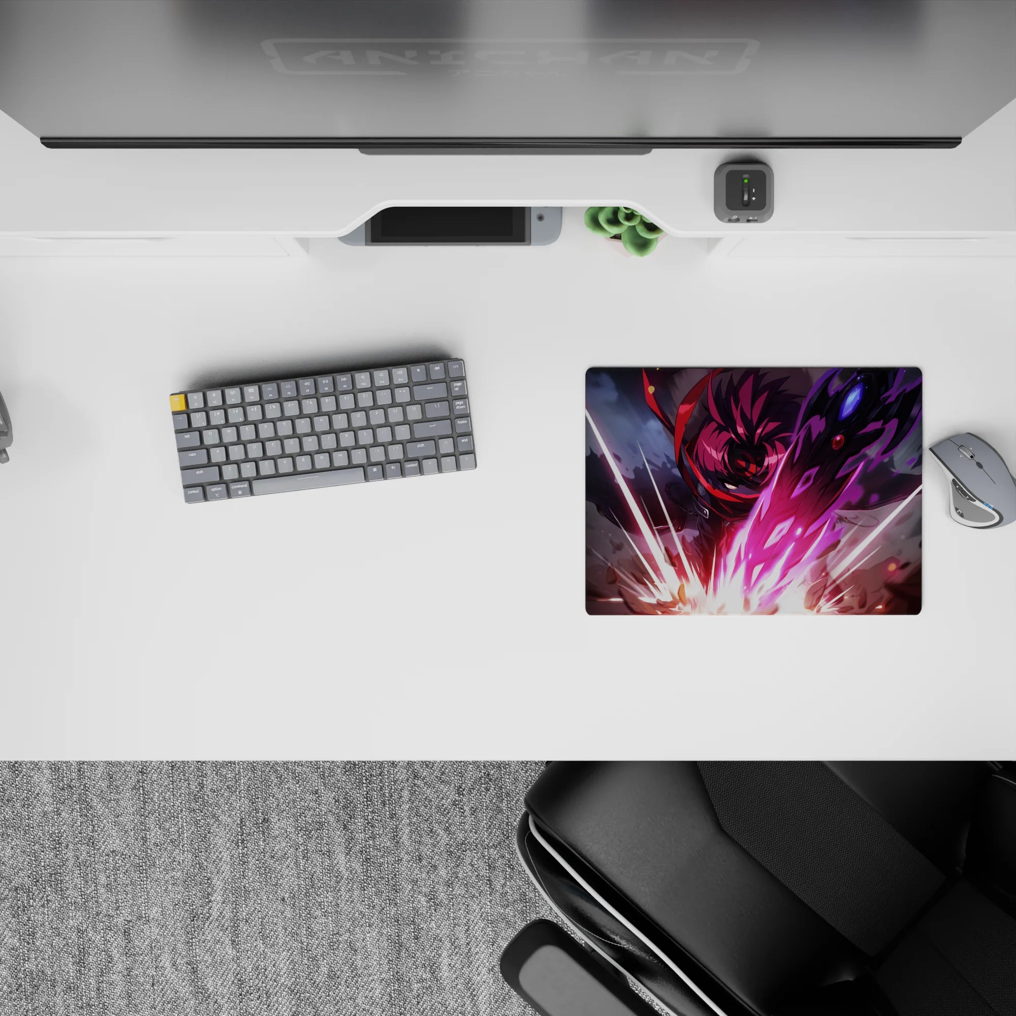 14x10 inches anime mouse pad in neon magenta and violet glow, dark armor, cinematic high-energy feel.