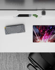 14x10 inches anime mouse pad in neon magenta and violet glow, dark armor, cinematic high-energy feel.