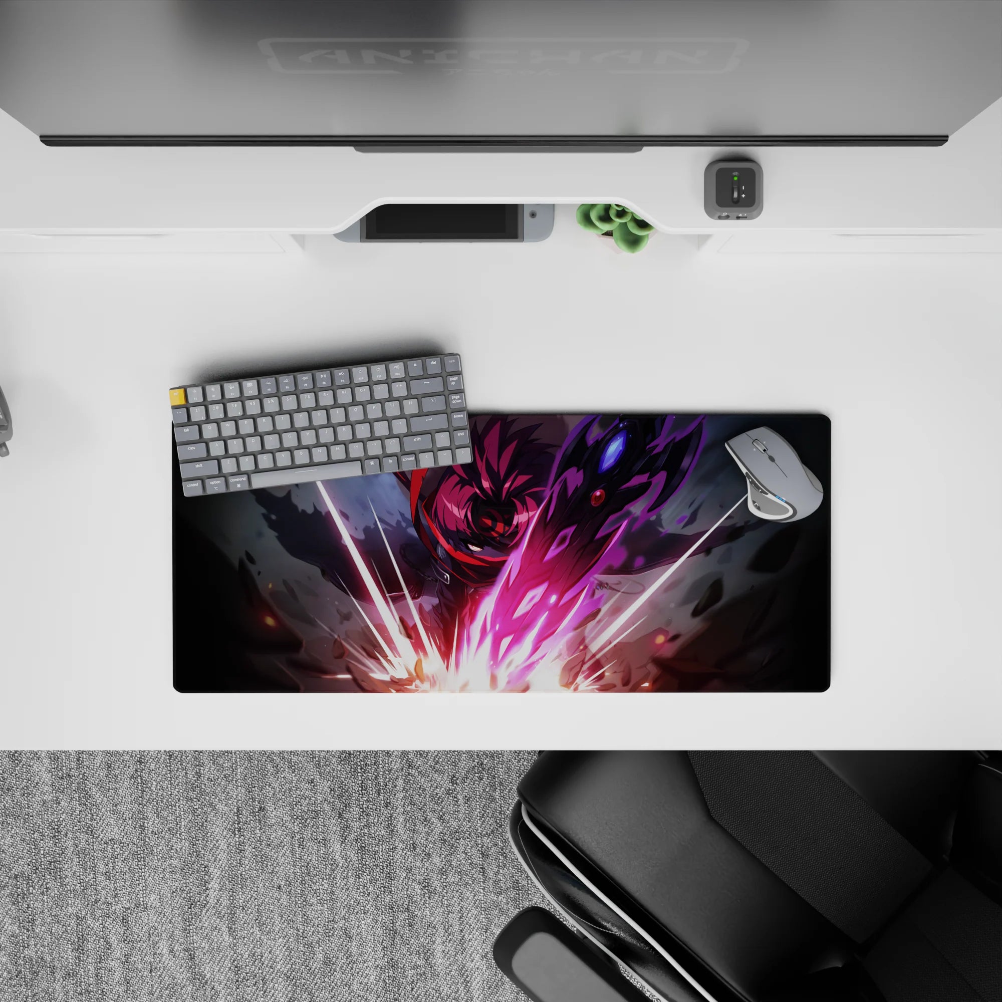 28x12 inches anime desk mat in neon magenta and violet glow, electric sparks, dark armor, cinematic.