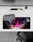 28x12 inches anime desk mat in neon magenta and violet glow, electric sparks, dark armor, cinematic.