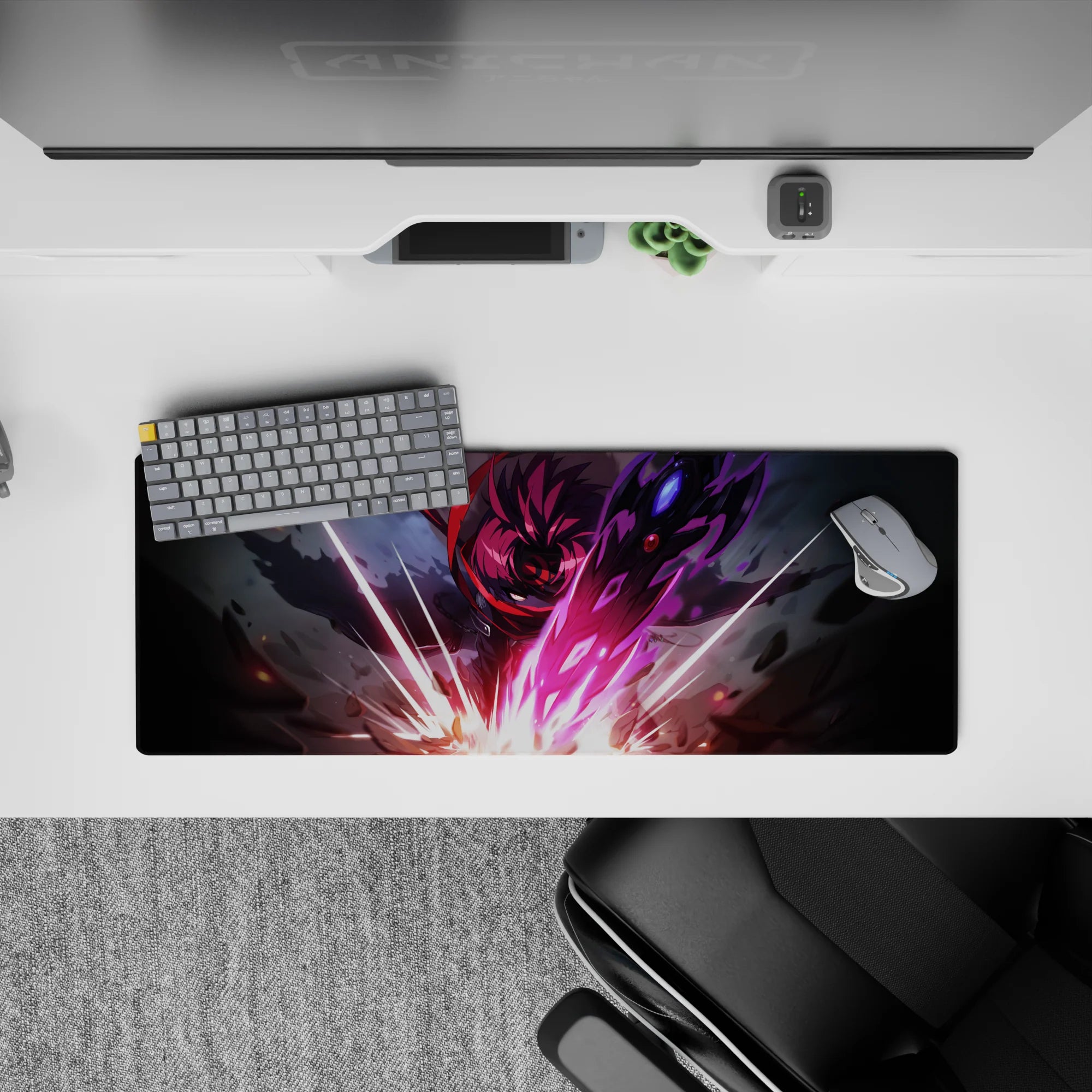32x12 inches anime mouse pad in neon magenta and violet glow, dark armor, electric weapon, cinematic vibe.