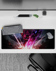 32x12 inches anime mouse pad in neon magenta and violet glow, dark armor, electric weapon, cinematic vibe.