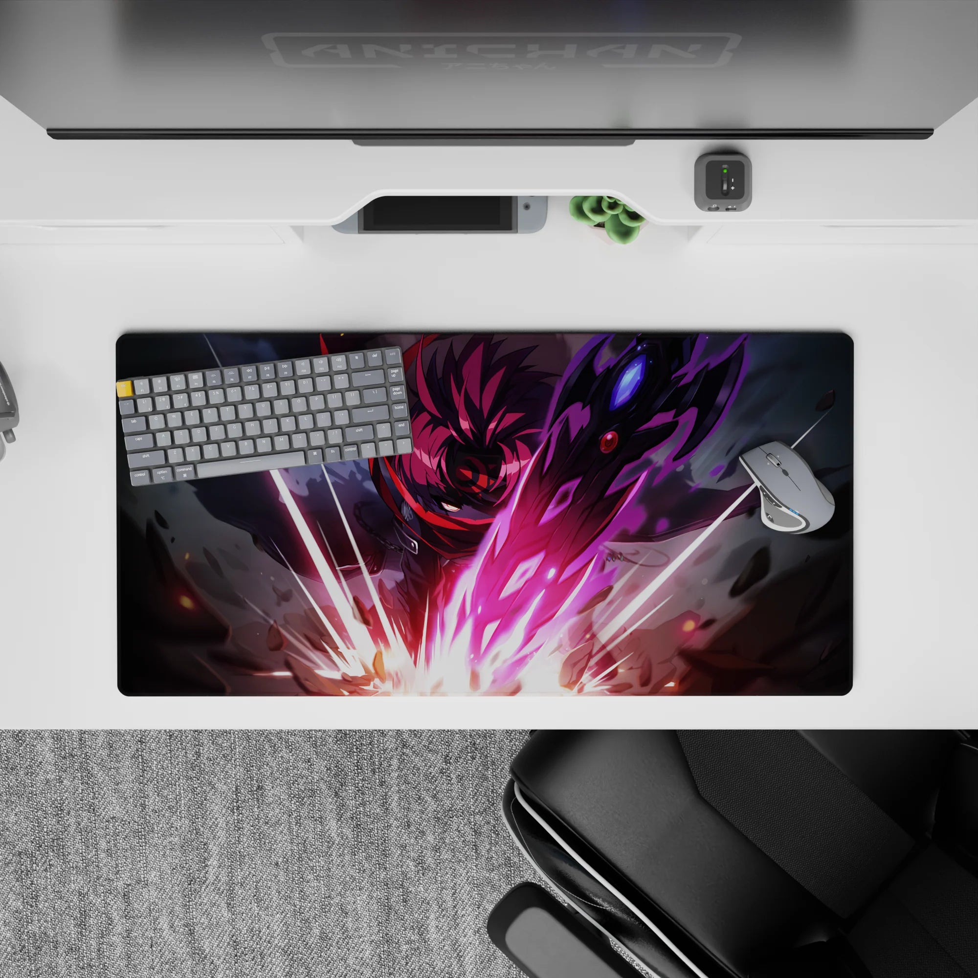 32x16 inches anime mouse pad in neon magenta and violet glow, electric sparks, fast cinematic battle mood.