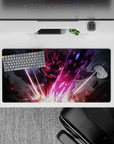 32x16 inches anime mouse pad in neon magenta and violet glow, electric sparks, fast cinematic battle mood.