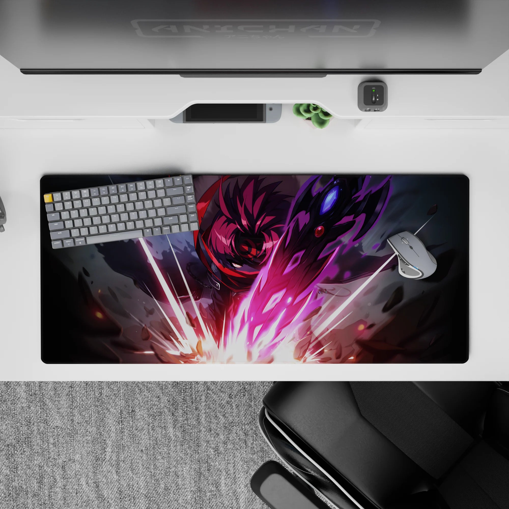 36x16 inches anime desk pad in neon magenta and violet glow, dark armor tones, fast cinematic energy.