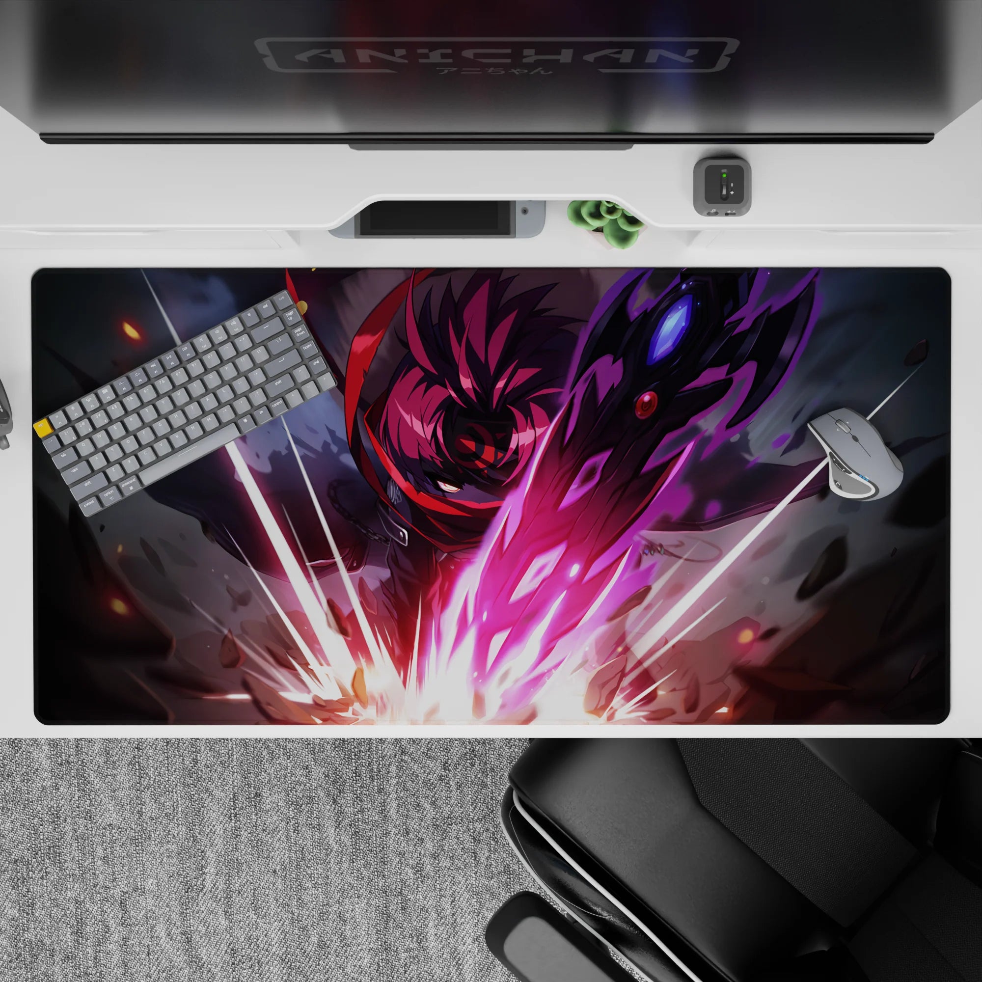 40x20 inches anime desk pad in neon magenta and violet glow, dark armor, electric blade, cinematic vibe.