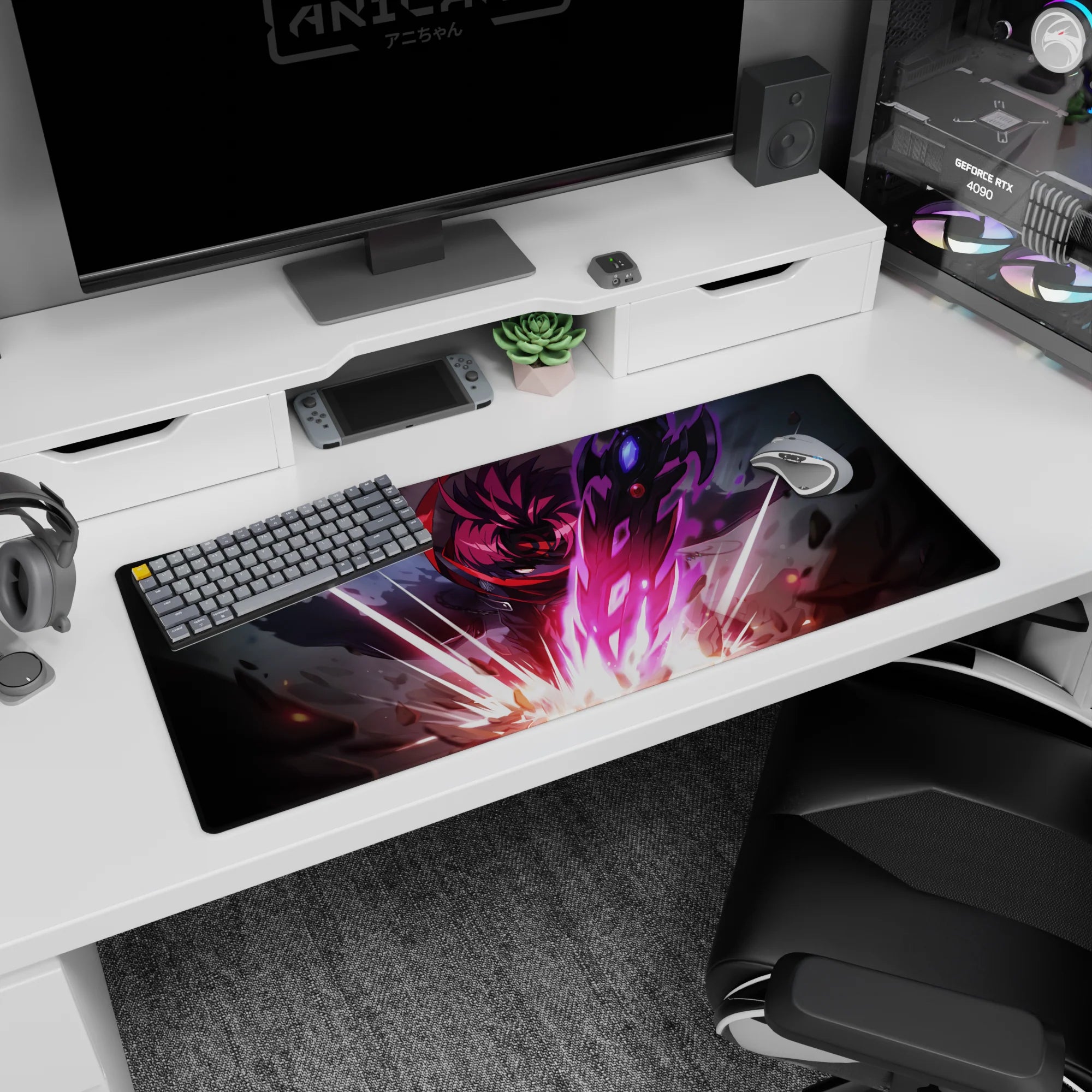 36x16 inches anime desk pad showing red-haired fighter lunging forward, cloak whipping, sparks and shards.