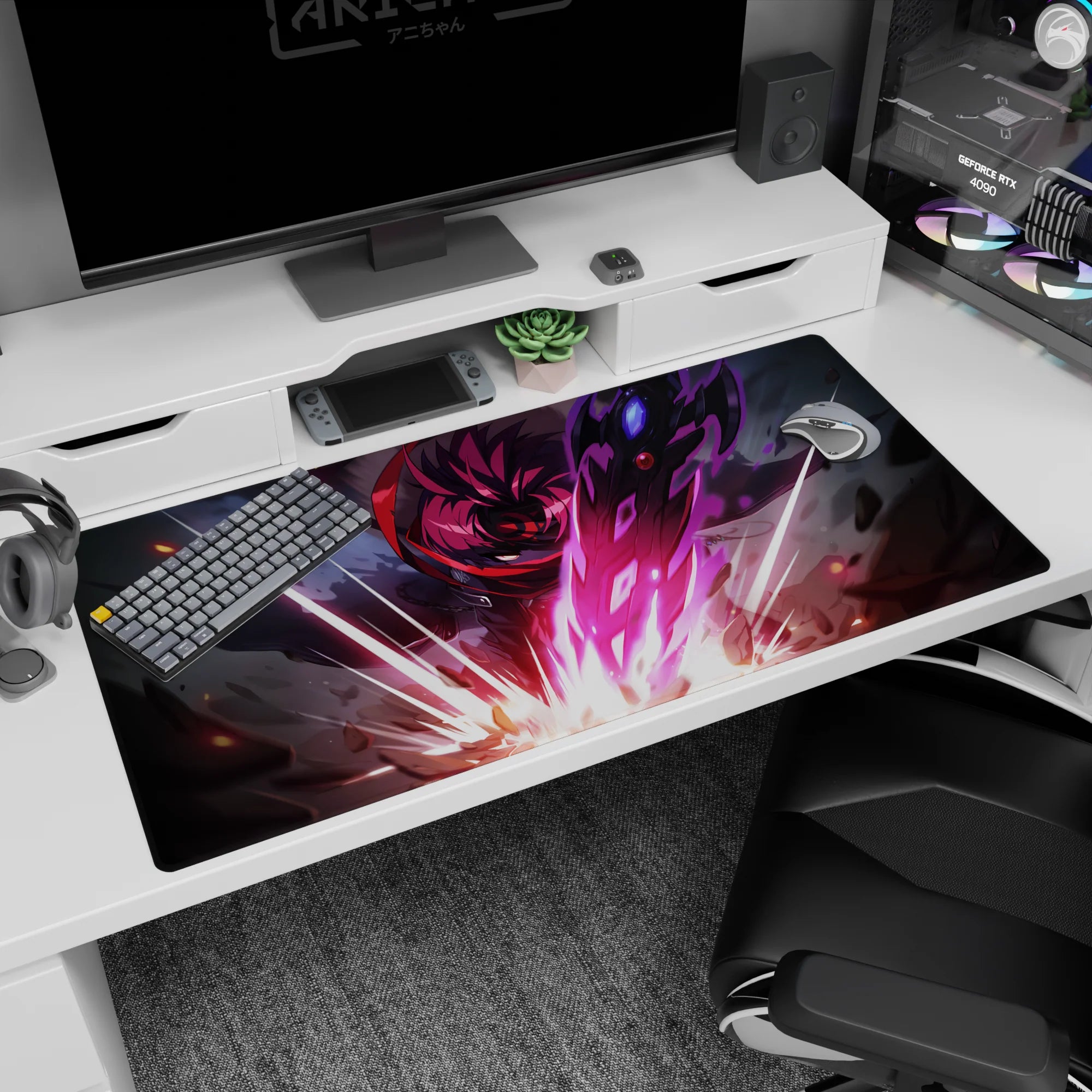 40x20 inches anime desk pad showing a red-haired warrior charging forward, cloak snapping, weapon crackling.