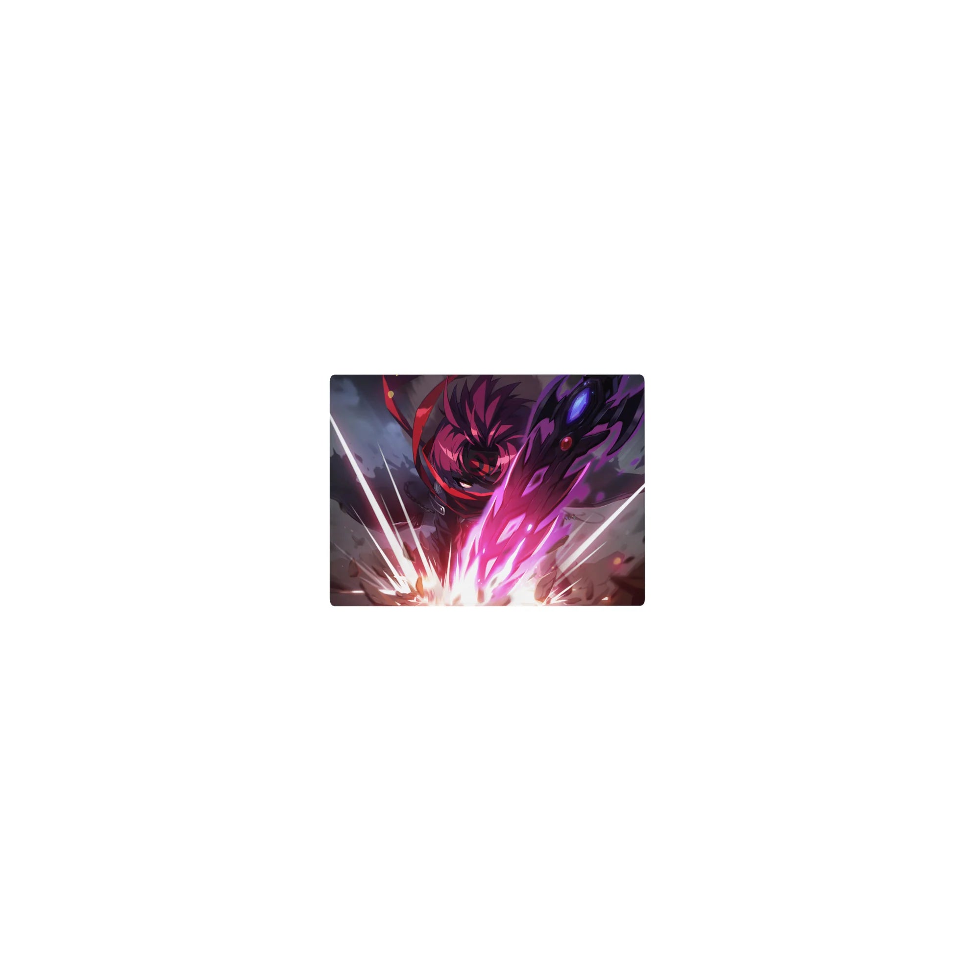 Classic anime mouse pad 14x10 inches with crimson warrior, neon slashes, cracked stone, electric weapon.