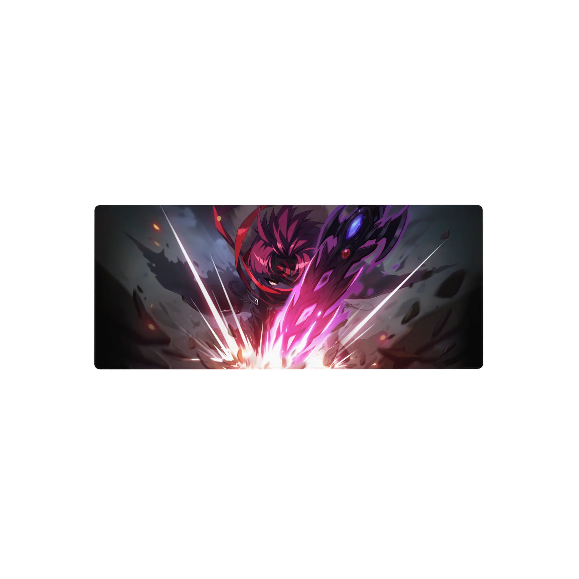 28x12 inches anime mouse pad with crimson-haired warrior, neon energy slashes, and shattered stone.