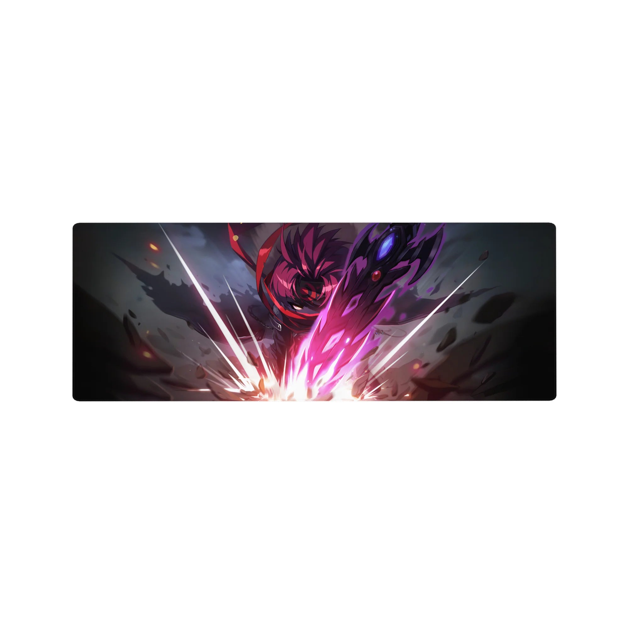 32x12 inches anime mouse pad with crimson-haired warrior, neon energy slashes, cracked stone, and sparks.